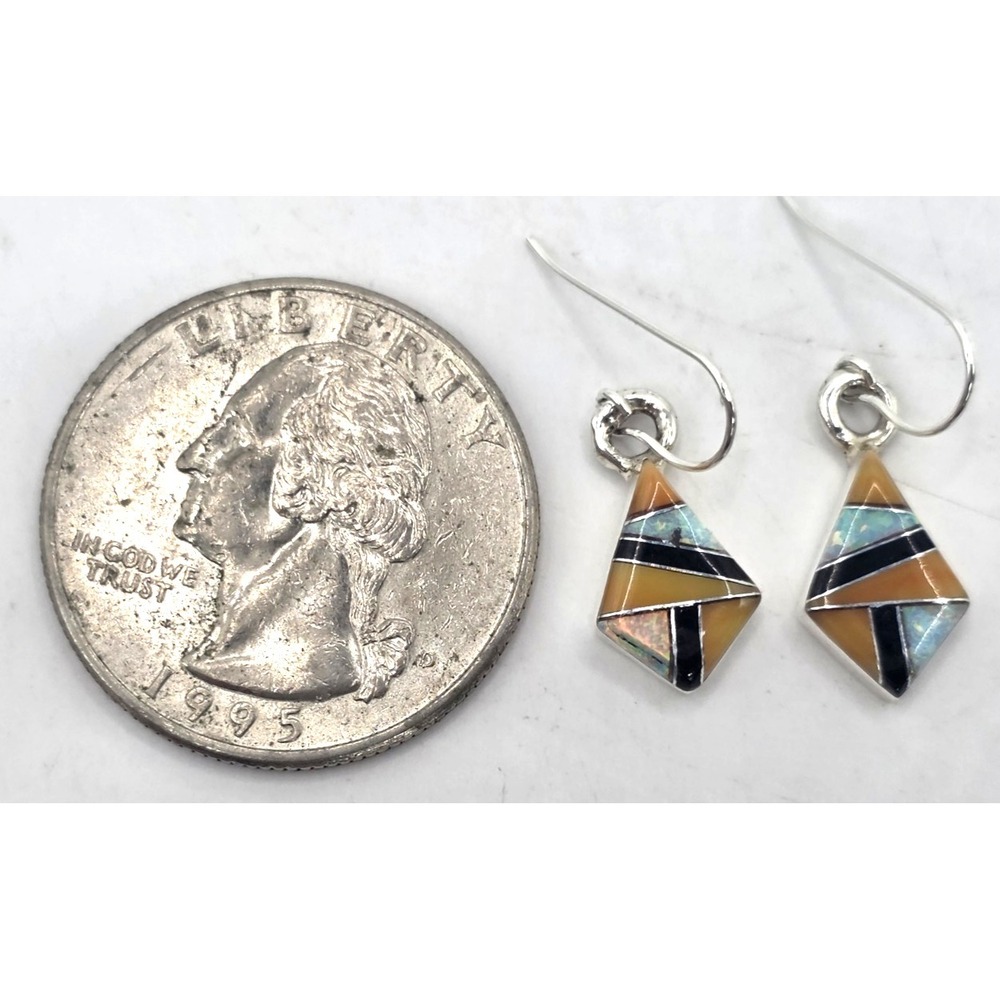 Multi-Gemstone Dangle Earrings Diamond Opal Onyx Handmade Sterling Silver 925 - Picture 9 of 10